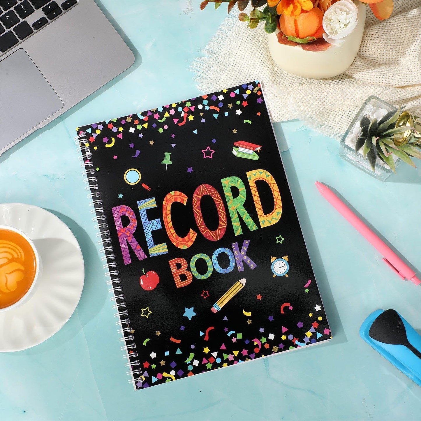 Fuyoooo Teacher Record Book Teacher Grade Books 2026-2027 Spiral Bound Record Planner 2026 Class Grade Book Office Favors for Classroom Attendance Decoration Double Sided(Black, Confetti)