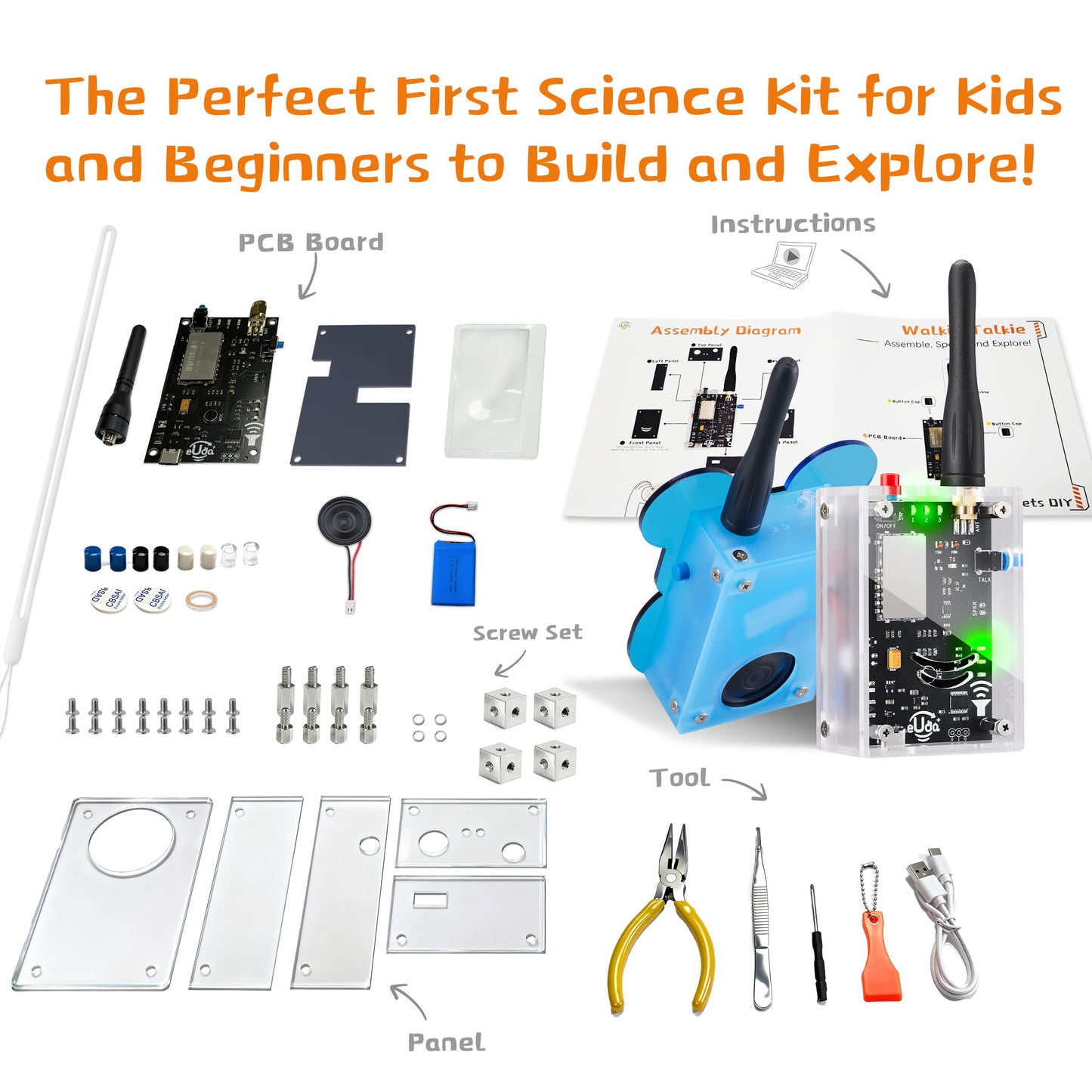 eUda+ STEM Walkie-Talkies Kit Building Toys for Boys Age 8-12-14-16-17+ Educational Games for Kids 8-12 Stem Kits for Kids Age 12-14 DIY Kits for Kids Teenage Girl Gifts (Assembly Version, RTC)