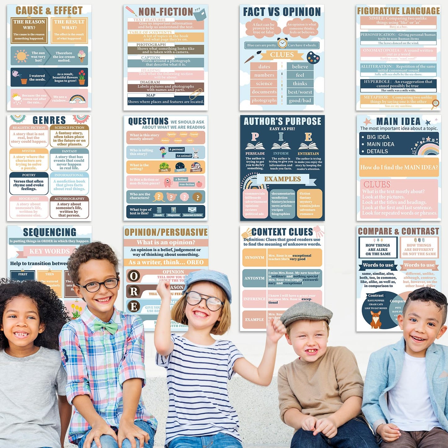 QOUBAI 12Pcs Reading Comprehension Classroom Posters Boho Rainbow English Language Arts Bulletin Board Chart Reading Corner Poster for Elementary Middle High School Wall Decor Classroom Must Haves