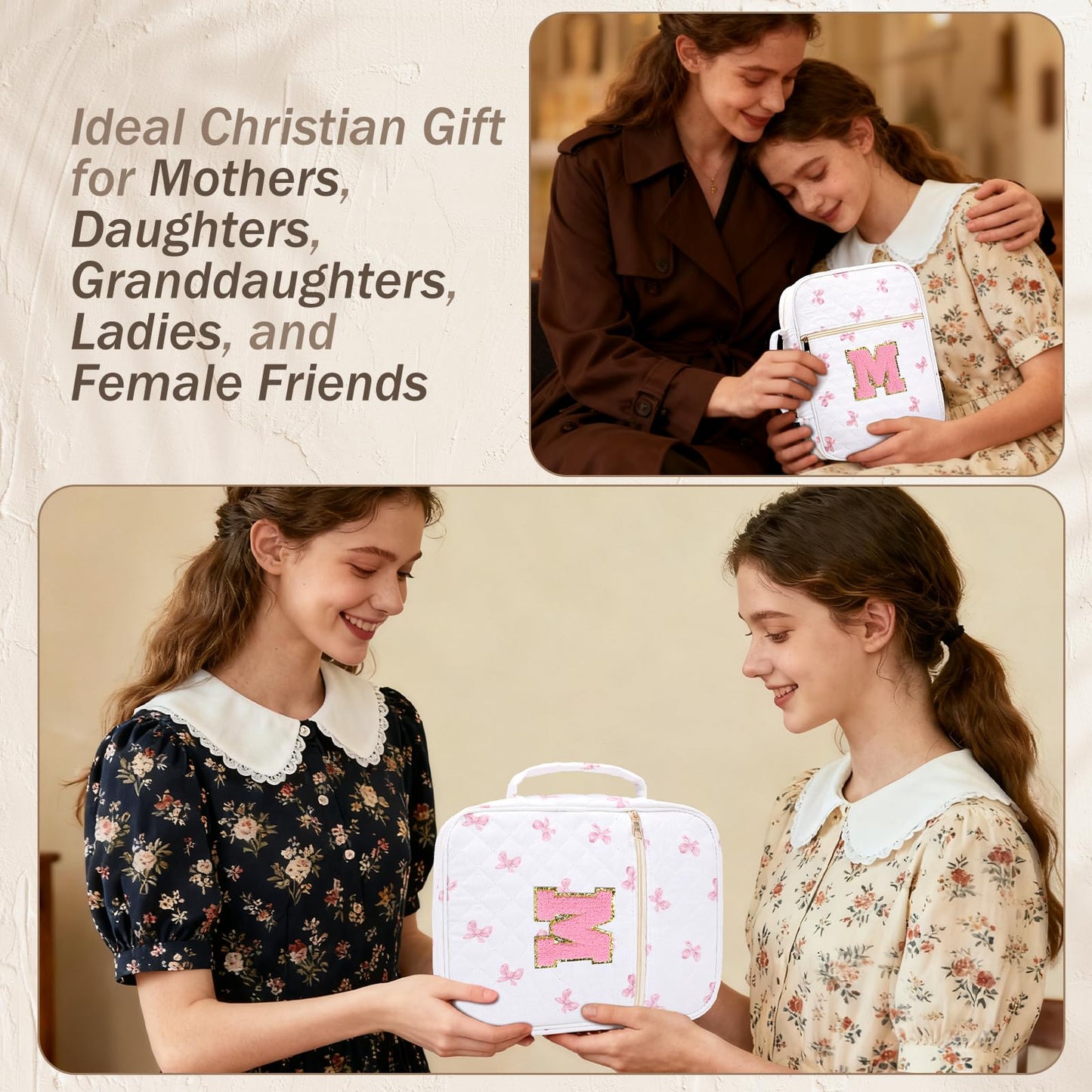 XKDOUS Bible Cover for Women Quilted Bible Bag Church Book Carrying Case with Letter M, Handle, Study Supplies Organizer Portable Church Book Carrier Christian Gifts for Mom, Lady
