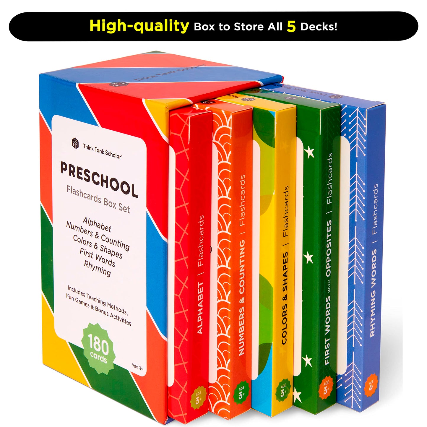 Award-Winning Flash Cards for Preschool & Kindergarten – 5-Deck Set, 180 Jumbo Cards – Learn Alphabet, Numbers, Colors, Shapes, First Words, Opposites & Rhyming – for Kids Ages 2–5