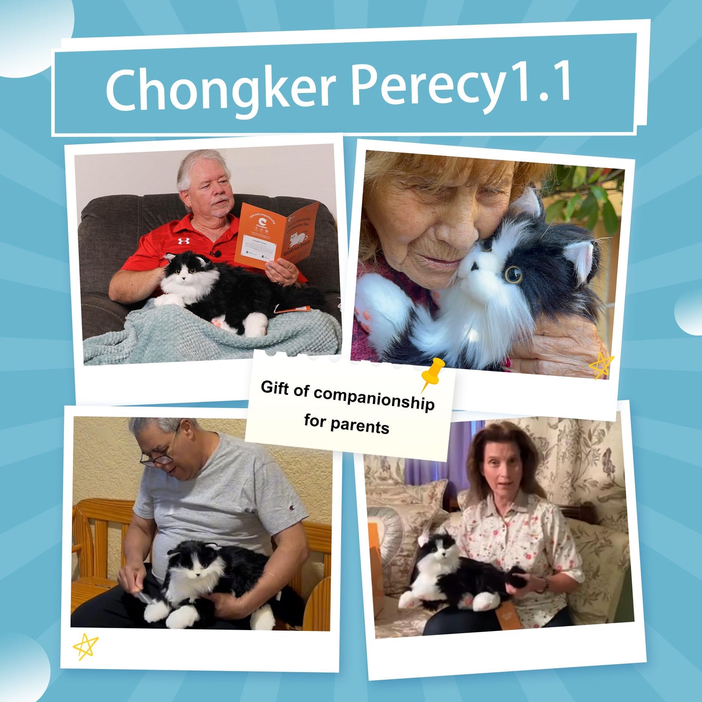 Chongker Interactive Companion Robot Cat, Weighted Breathing Stuffed Animals, Cat Plush Toy with Meow Voice, Breathing, Response, Realistic Heartbeat and Purring (Border Collie)