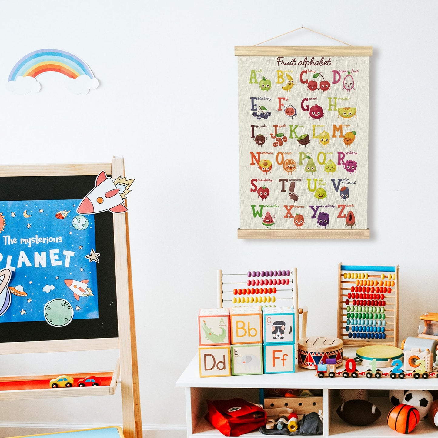BCUANGD ABC Kids Wall Art - Fruit Alphabet Educational Wall Decor Poster Hanger with Wood Frames, Cute Classroom Wall Hanging Canvas Decor for Playroom Nursery Toddler Kids Room, 12x16 Inches