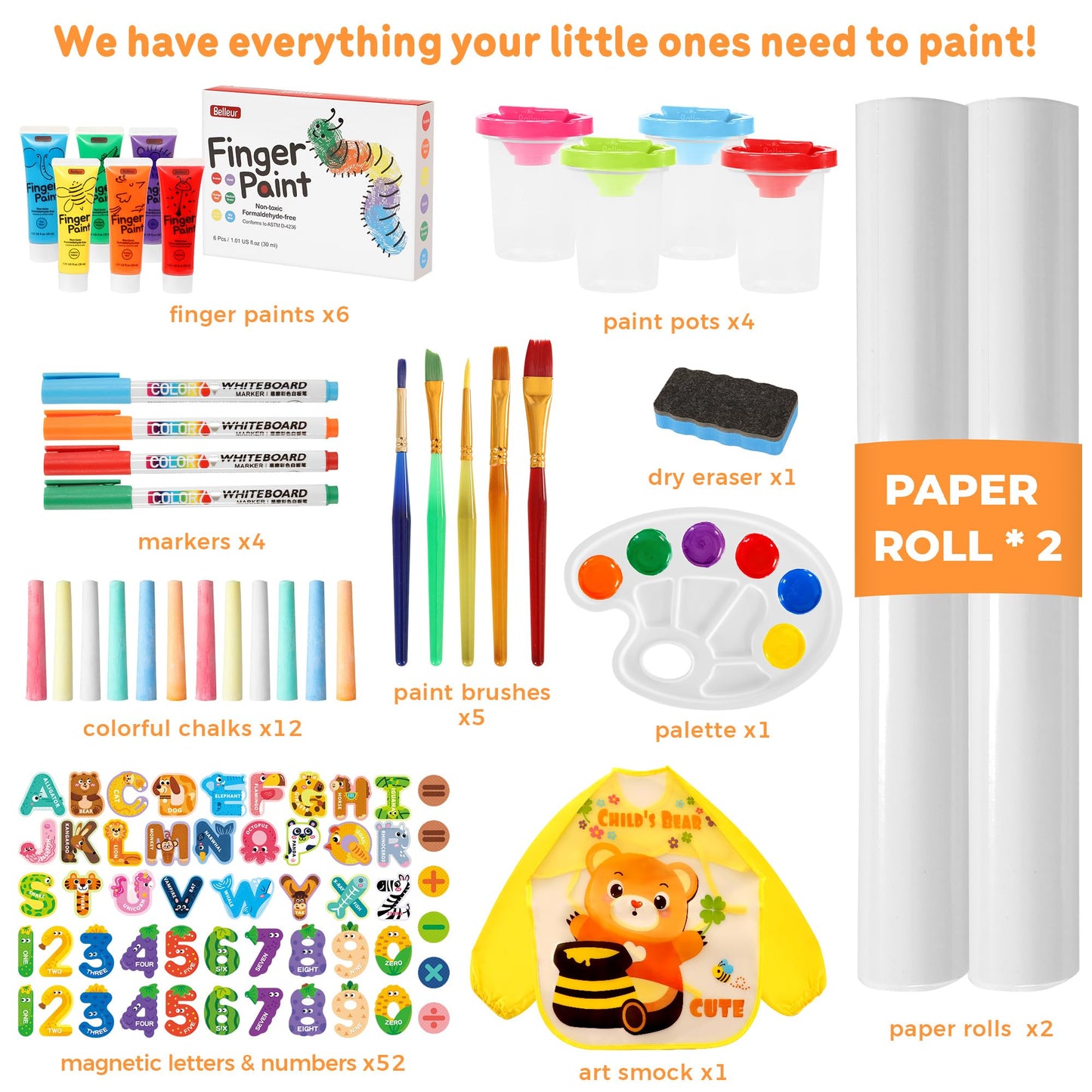 Belleur All-in-One Art Easel for Kids, Adjustable Double Sided Easel for Toddlers with Magnetic Whiteboard & Dry-Erase Chalk Board & Paper Roll, Child Painting Easel for Kid 2-8 Birthday Gift-Orange