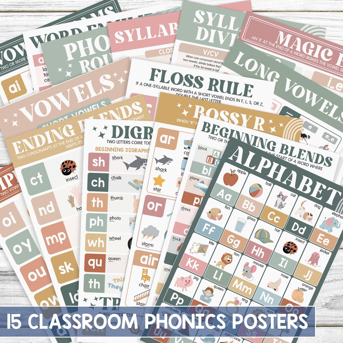 BEAWART 15 Pcs Boho Phonics Posters for Classroom (11"x17") ESL Classroom Decorations, Vowel Posters for School, Sound Wall Phonics Routine, Alphabet, Diphthongs, Word Families, Vowel Sounds