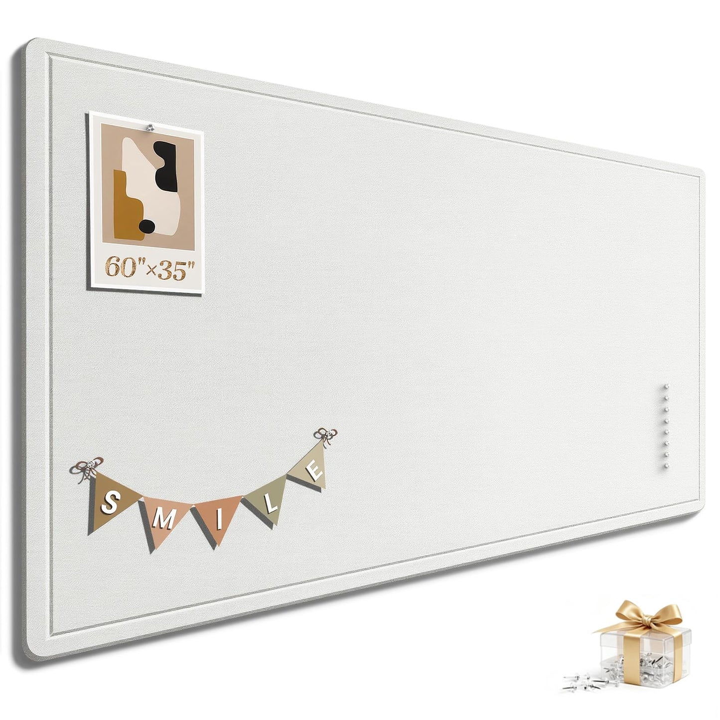 Large Bulletin Board, 60 X 35 Inches Felt Cork Board with 40 Pushpins, Foldable Felt Notice Pin Board Photo Display Board with Self-Adhesive Tape for Office Home School (White, 60x35 inch)