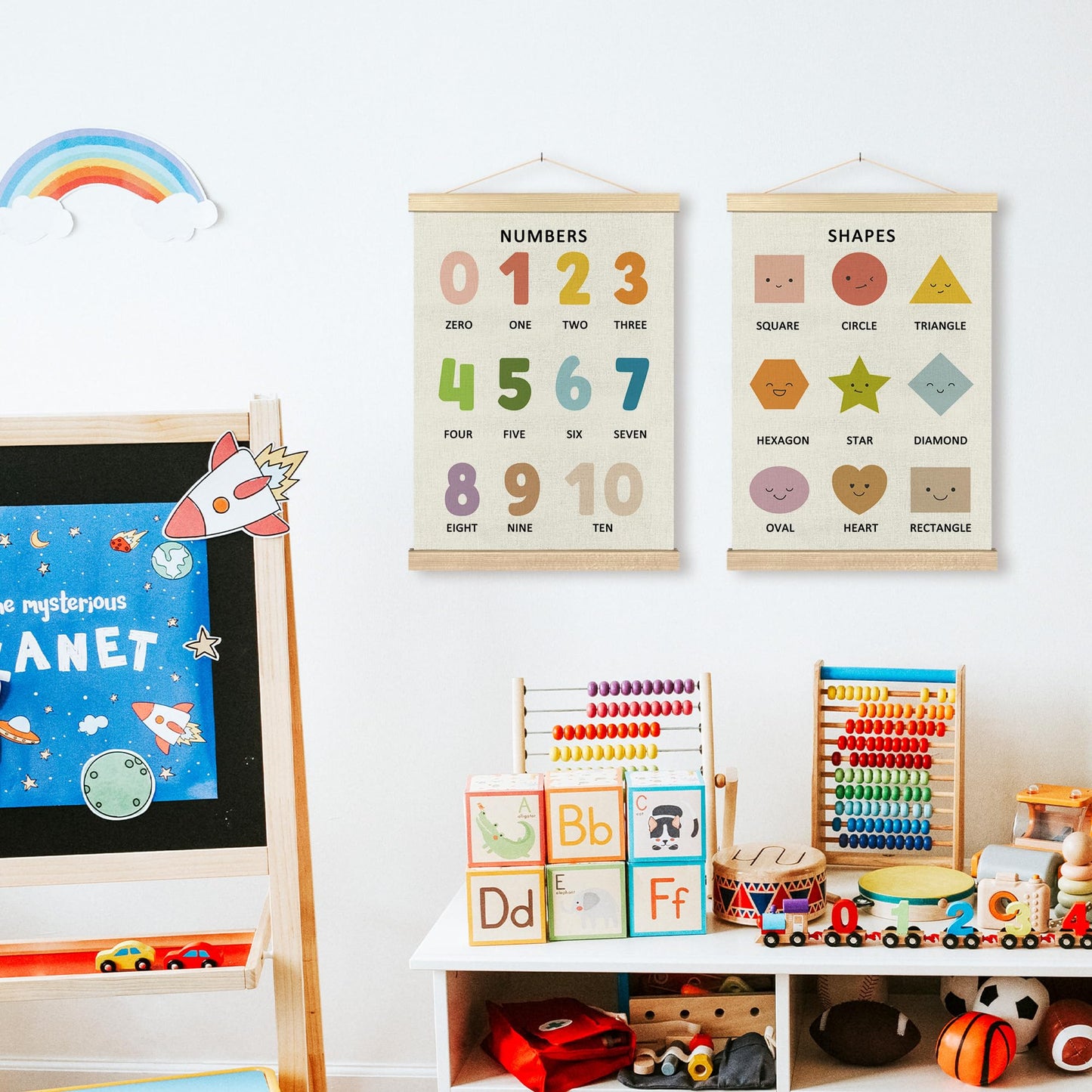 BCUANGD Classroom Wall Decor - Toddlers Kids Numbers Poster Hanger with Wood Frames Set of 2, Neutral Educational Wall Hanging Canvas Decor for Kids Room Nursery Home, 12x16 Inches