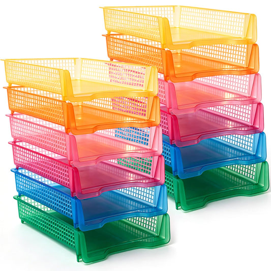 Geetery Set of 12 Plastic Trays for Teachers Turn in Trays Classroom Stackable Paper Tray Plastic Classroom Teachers Desk Letter Organizer Storage Baskets for Office, Desk, Home (Clear Mixed Color)