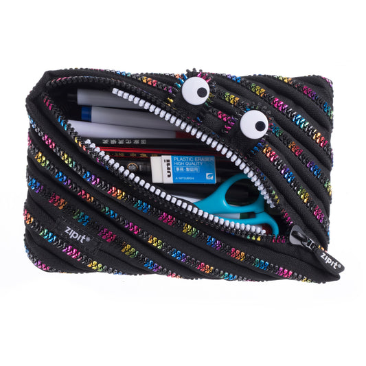 ZIPIT Monster Large Pencil Case for Kids | Pencil Pouch for School, College and Office | Pencil Bag for Boys & Girls (Black & Rainbow)