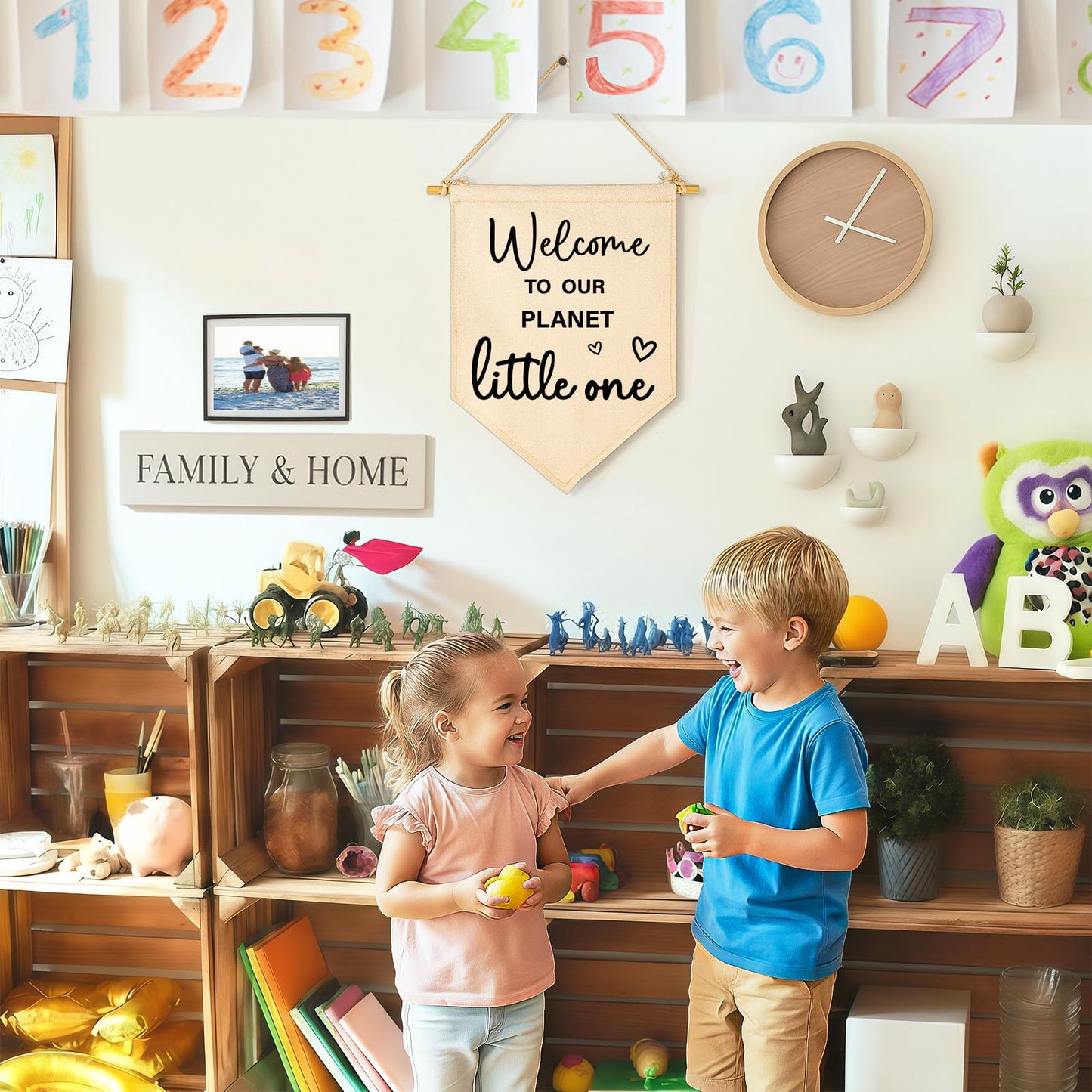 Baby Arrival Gift-Welcome to Our Planet Hello World- Canvas Hanging Pennant Flag Banner Wall Sign Decor Gifts for Nursery Baby Kids Girl Boy Teen Bedroom Playroom Decor- Birthday Christmas Presents