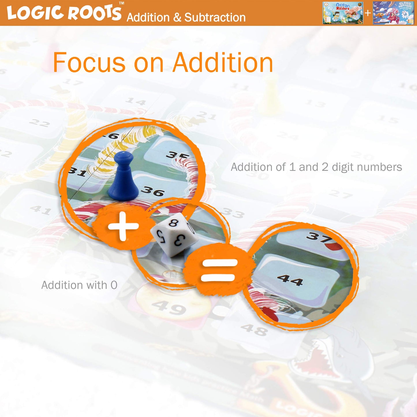 Logic Roots Addition and Subtraction Game - Fun Math Board Game for 6-8 Year Olds, Easy to Play Educational Game for Kids at Home, STEM Toy Gift for Girls & Boys (Ocean Raiders + Cloud Hoppers)