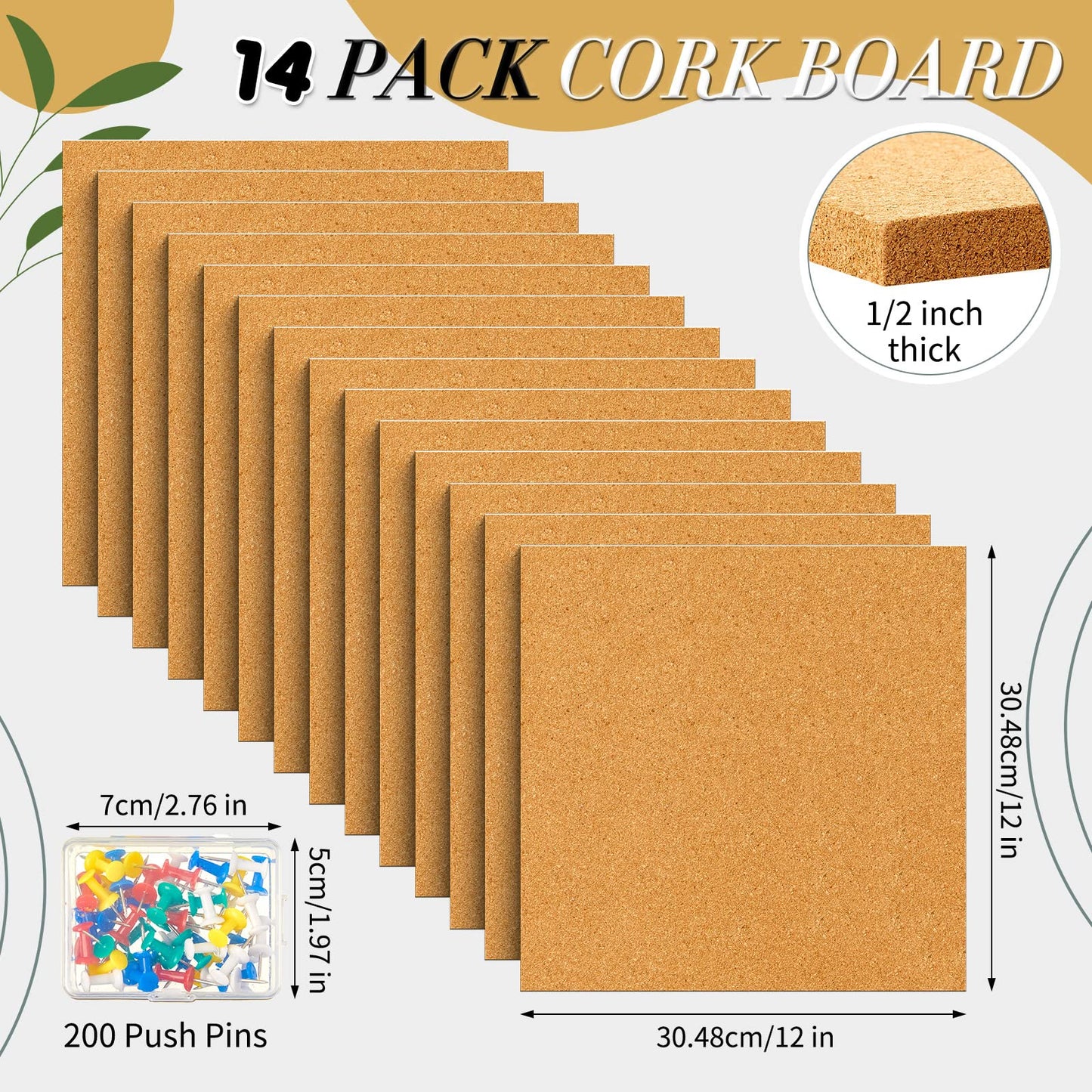 Reginary 19 Cork Board Tiles 12 x 12 in 0.5 in Thick Square Bulletin Boards Cork Tiles Bulk with Push Pins Mini Natural Self Adhesive Backing Corkboards for Wall Home Office Floor DIY(14 Pcs)