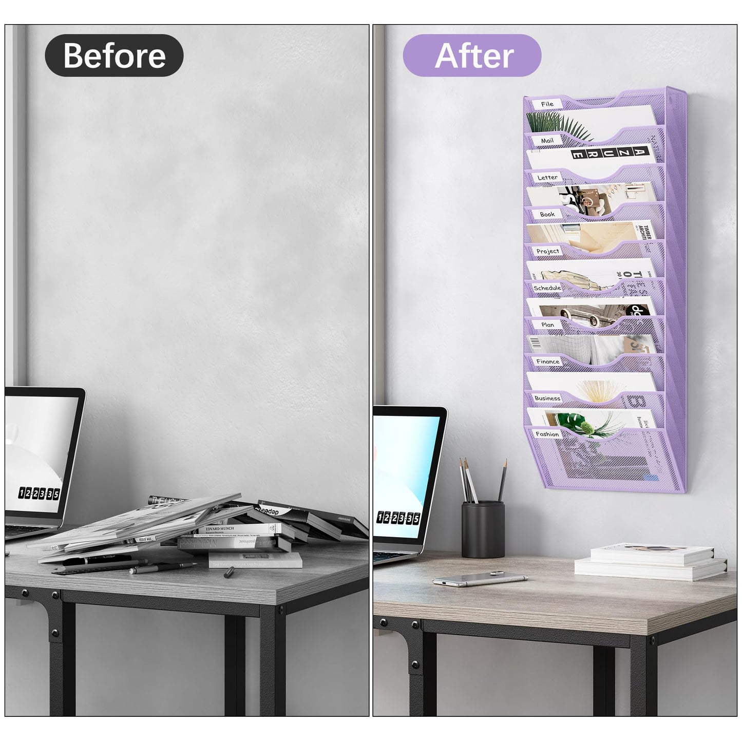 EasyPAG 10 Pocket Mesh Wall File Organizer, Hanging Paper Folder Holder with Classify Label, Vertical Wall Mount Mail Organizer for Office Home Classroom, Purple