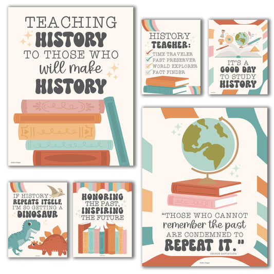 Hadley Designs Social Studies Classroom Decorations - 6 US History Posters for Classroom Decor, Teacher Must Haves World History Poster for High School & Elementary, Retro Bulletin Board Decor Set