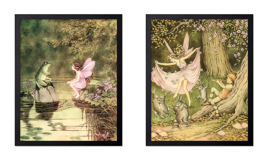 Poster Master 2-Piece Vintage Fairytale Poster - Fairy Dancing In The Forest With Rabbits And Piper Print - Mythical Art - Fairy And Frog Art - Living Room or Bedroom Decor - 8x10 UNFRAMED Wall Art