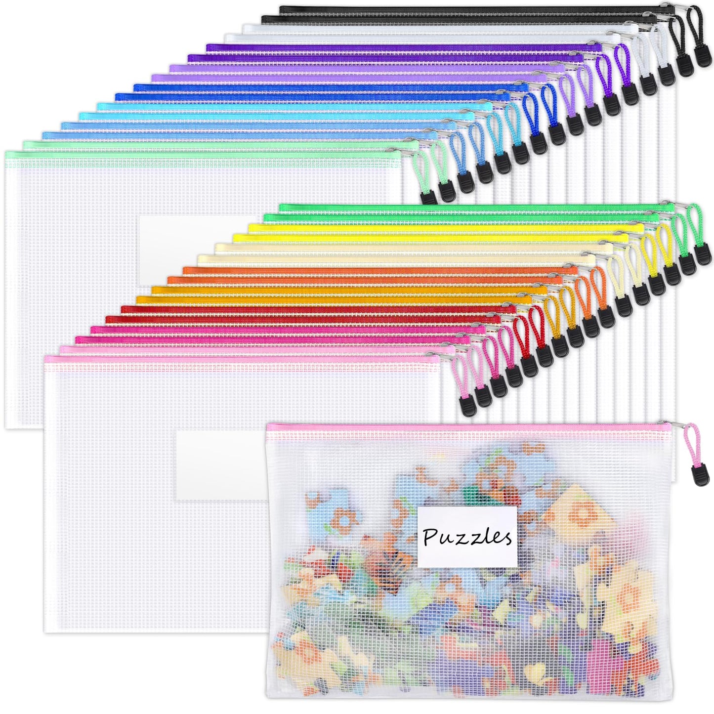 Sooez 32 Pack Mesh Zipper Pouch Bags, A4 Letter Size, Zipper Bags with Label Pocket, Waterproof Bag for Classroom Organizer, School Office Teacher Supplies, Storage Pouches for Board Game Toy Storage