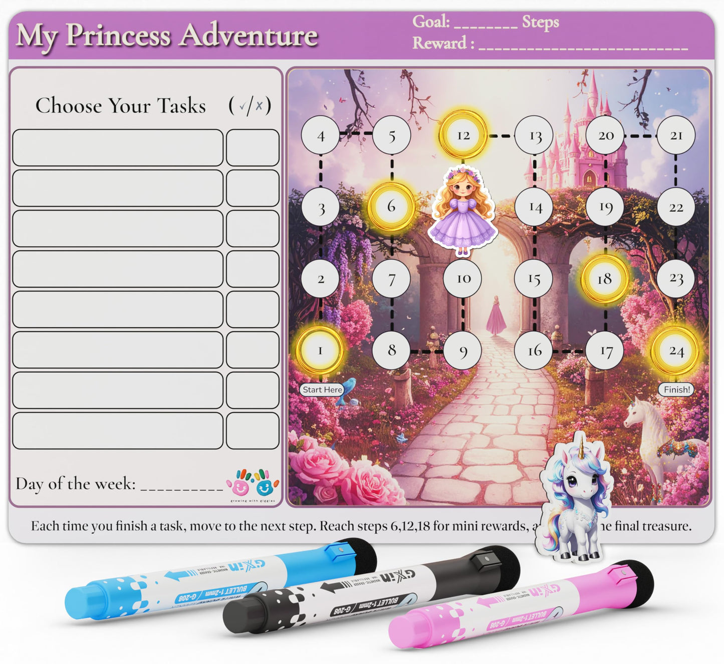 Mimi Doodle Magnetic Reward Chart for Kids – 16x12 Reusable Progress Path & Milestone Board for Fridge with mini Magnetic Characters as Goal Tracker – Behavior Chart for Kids at Home – Princess Quest