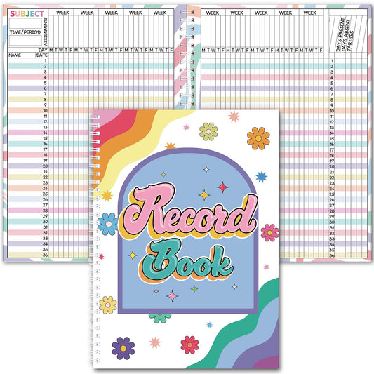 Fuyoooo Retro Remix Teacher Record Book Teacher Grade Books 2026-2027 Spiral Bound Record Planner 2026 Class Grade Book Office Favors for Classroom Attendance Decoration Double Sided
