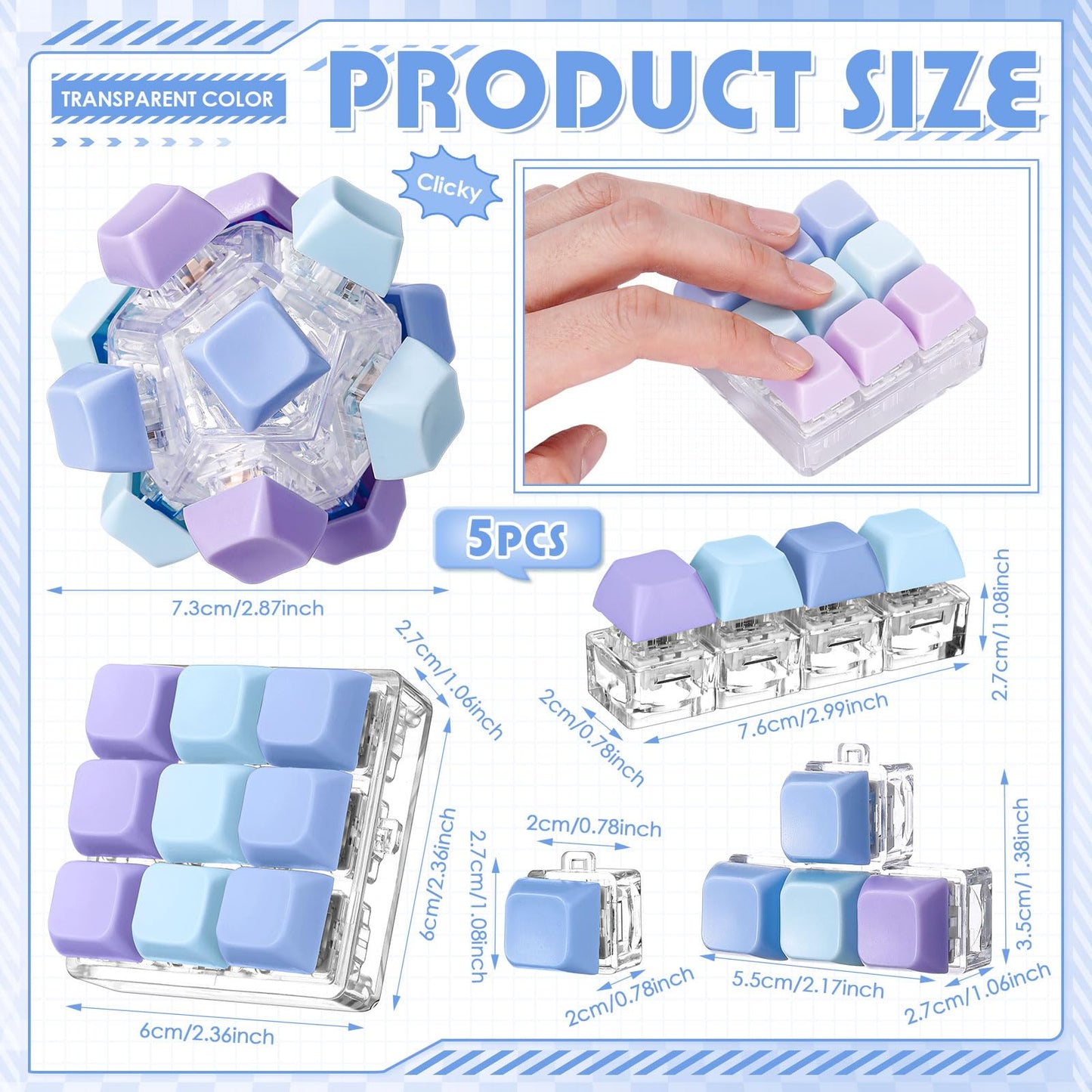 Halloscume 5 Pcs Keyboard Adult Fidget Clicker in 5 Styles Keyboard Fidget Keychain Cube Mechanical Key Button Clicker Stress Relief Gift for Office Home Pass Time(Blue Purple)