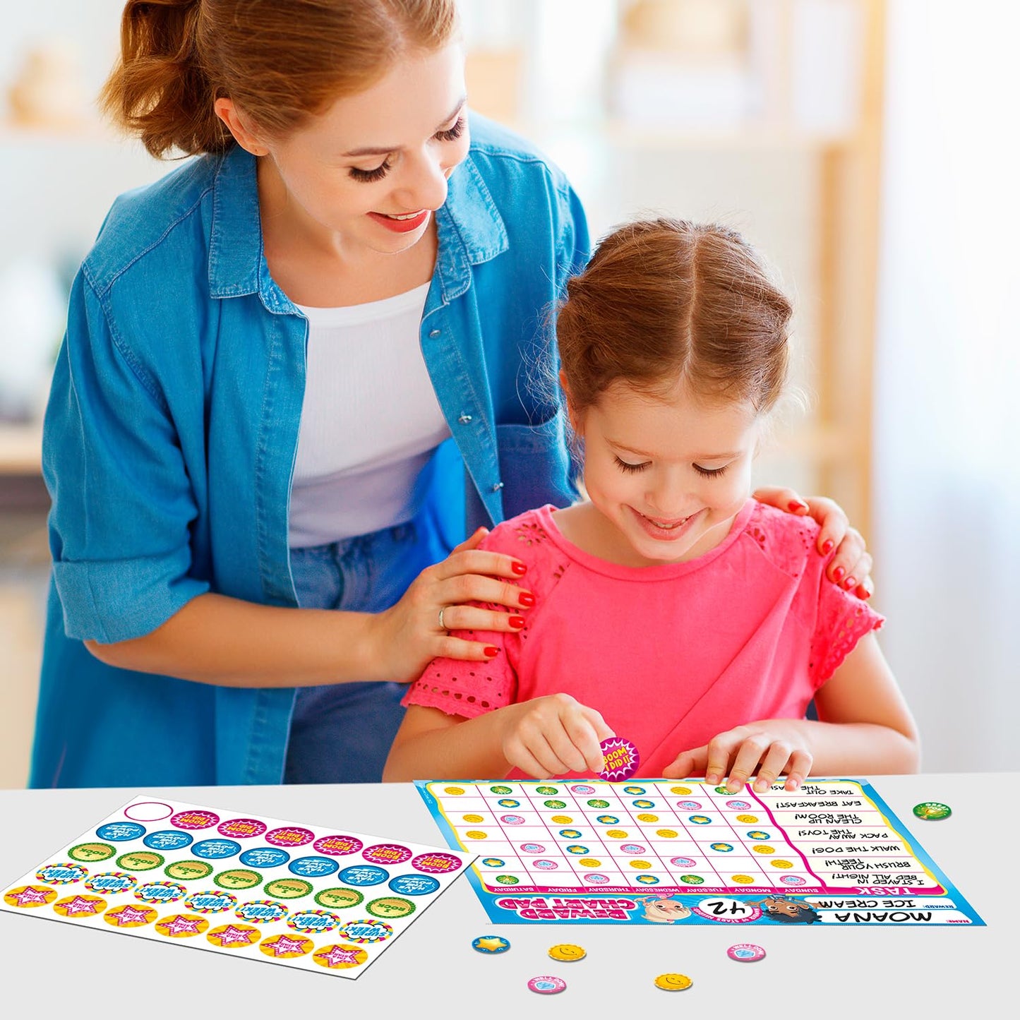 Behavior Reward System - Pad with 15 Chore Charts for Kids, 850 Stickers to Motivate Responsibility & Good Habits