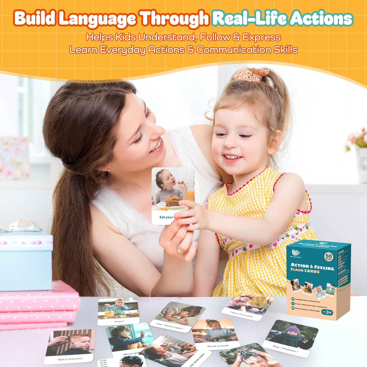 Actions Flash Cards for Kids (Ages 3-7), 50 Real-Life Photo Cards for Speech & Language Development, Based on Total Physical Response (TPR) Learning Approach, Support Daily Feelings