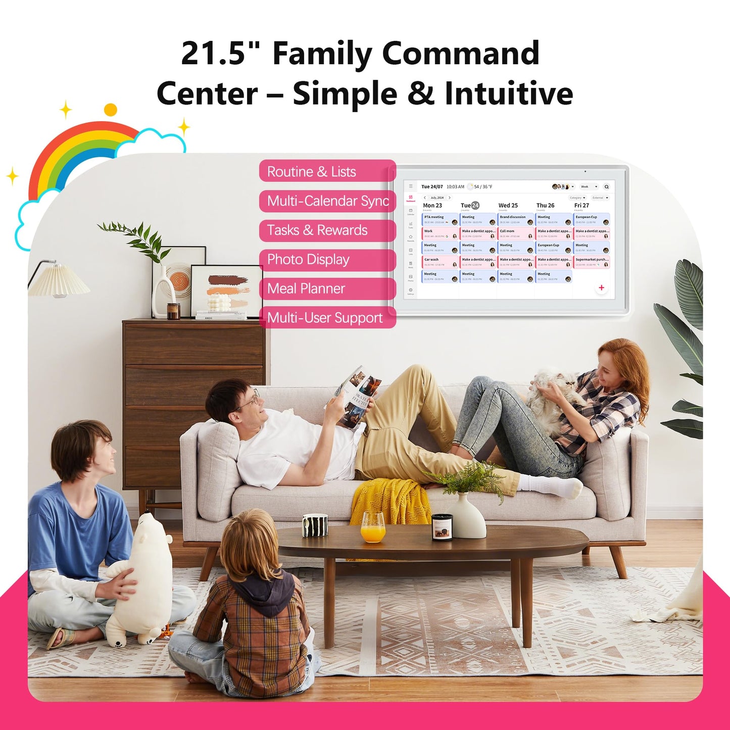 21.5 Inch Digital Calendar, Full HD Touchscreen Smart Planner for Family Schedules - Wall Mount, Great for Seamless Daily Planning & Household Organization, with LED Reminder Light