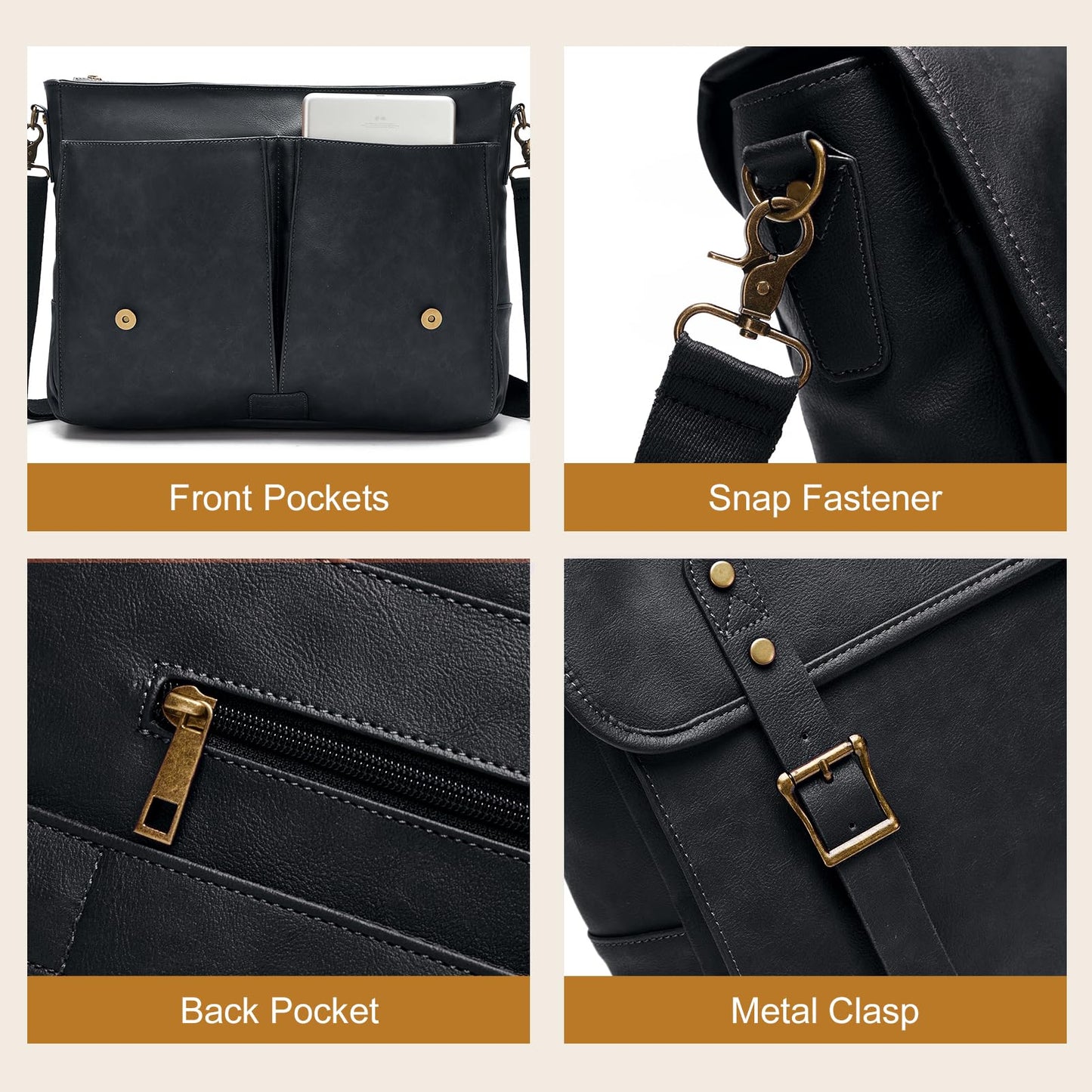 Leather Messenger Bag for Men, 15.6in Laptop Briefcase Vintage Waterproof Laptop Bag Shoulder Bags Satchel Office Bag(Black)