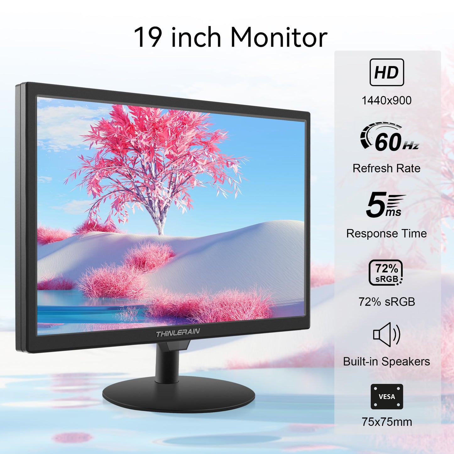 Thinlerain 19 inch Computer Monitor 1440x900 PC Monitor with HDMI VGA AV BNC USB Ports, 60Hz, 5Ms, VESA, Display Build-in Speakers for Office Home