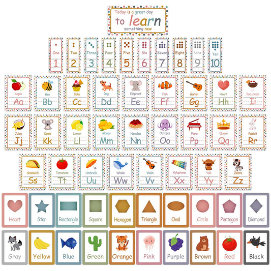 57PCS Boho Alphabet Number Bulletin Board Classroom Wall Letters Colors Shapes Poster ABC Number Lines Educational Learning Cards for Teacher Preschool Kindergarten Decor