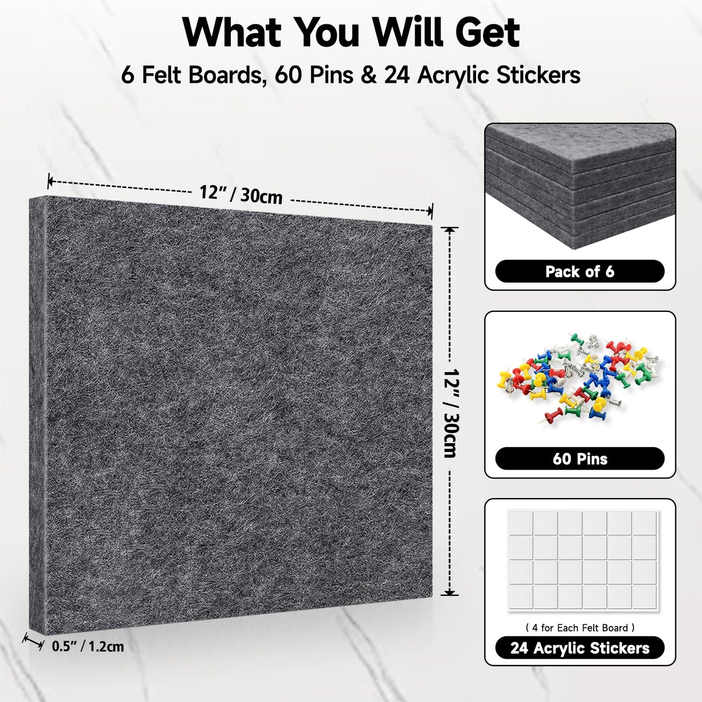 ANLIOTE 6 Pack Felt Bulletin Cork Board Tiles for Wall, 1/2" Thick Self Adhesive Pinboard Squares with 60 Pushpins, Felt Panels Wall Organizer for Photos, Pictures, Memos (11.8"x11.8"- Dark Grey)