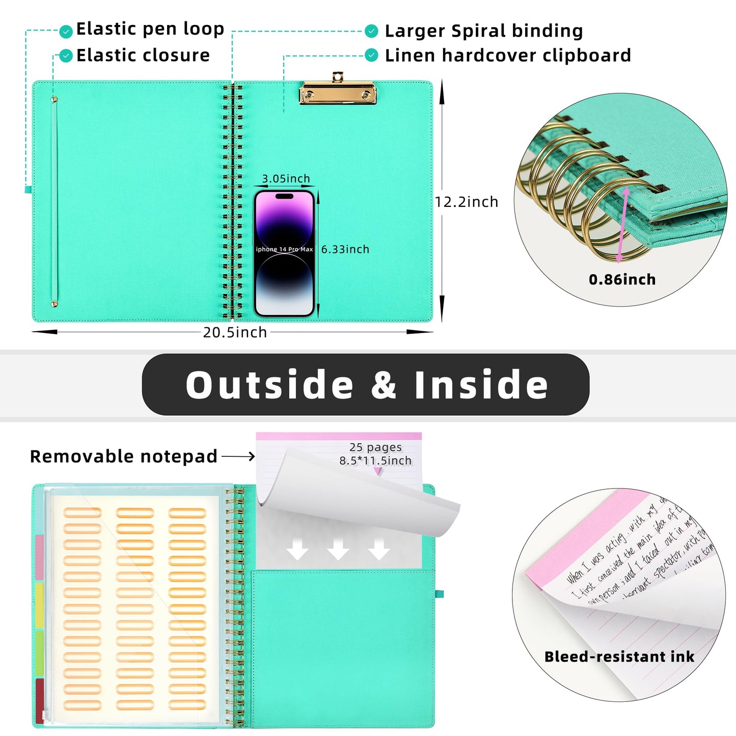 Ospelelf Foldable Spiral Clipboard Folio with Storage Zipper Pouch, 5 Plastic Folders with 10 Pockets,Refillable Lined Notepad (11" x 8.5"), Hardcover Project Organizer with 39 Stickers (Aqua)