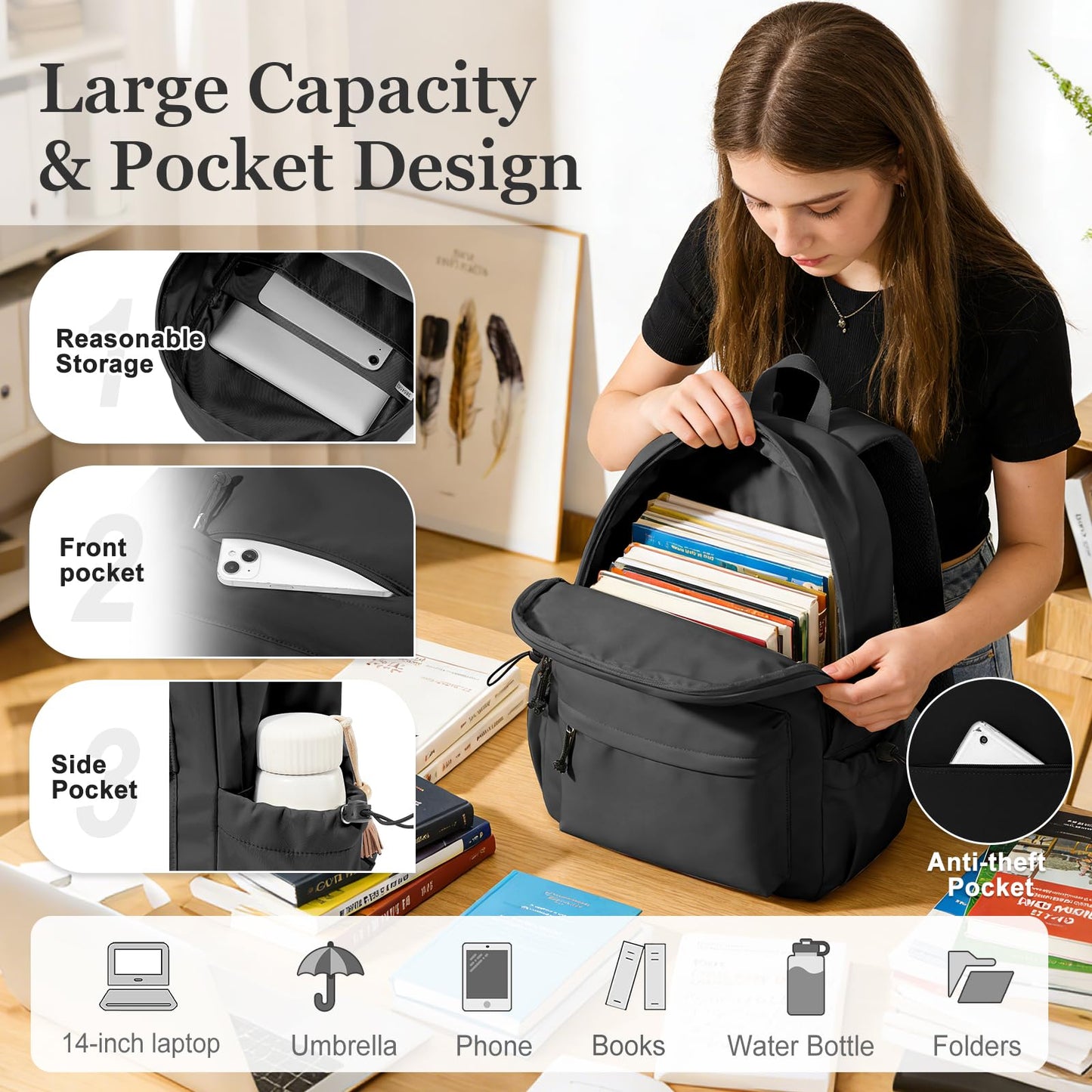 Lendolk Black Middle School Backpack For Men Women Simple Backpack For College Students Aesthetic High School Bag Waterproof Bookbag For Teens Girls Boys