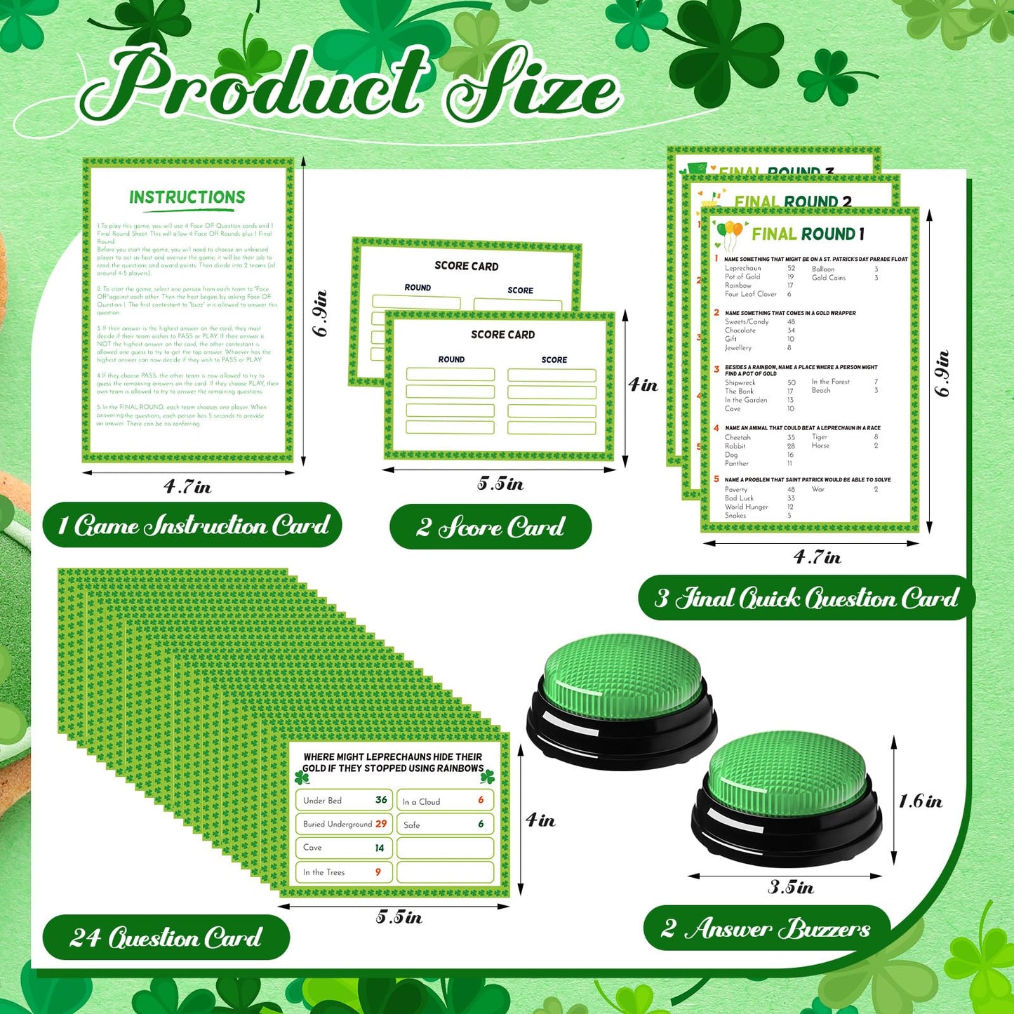 Soulchen 32 Pcs St. Patrick's Day Friendly Feud Game Set St. Patrick's Day Party Game Trivia Quiz 30 Card 2 Buzzer for Adults Family Irish Home Games Activities Party Supplies, Battery Not Included