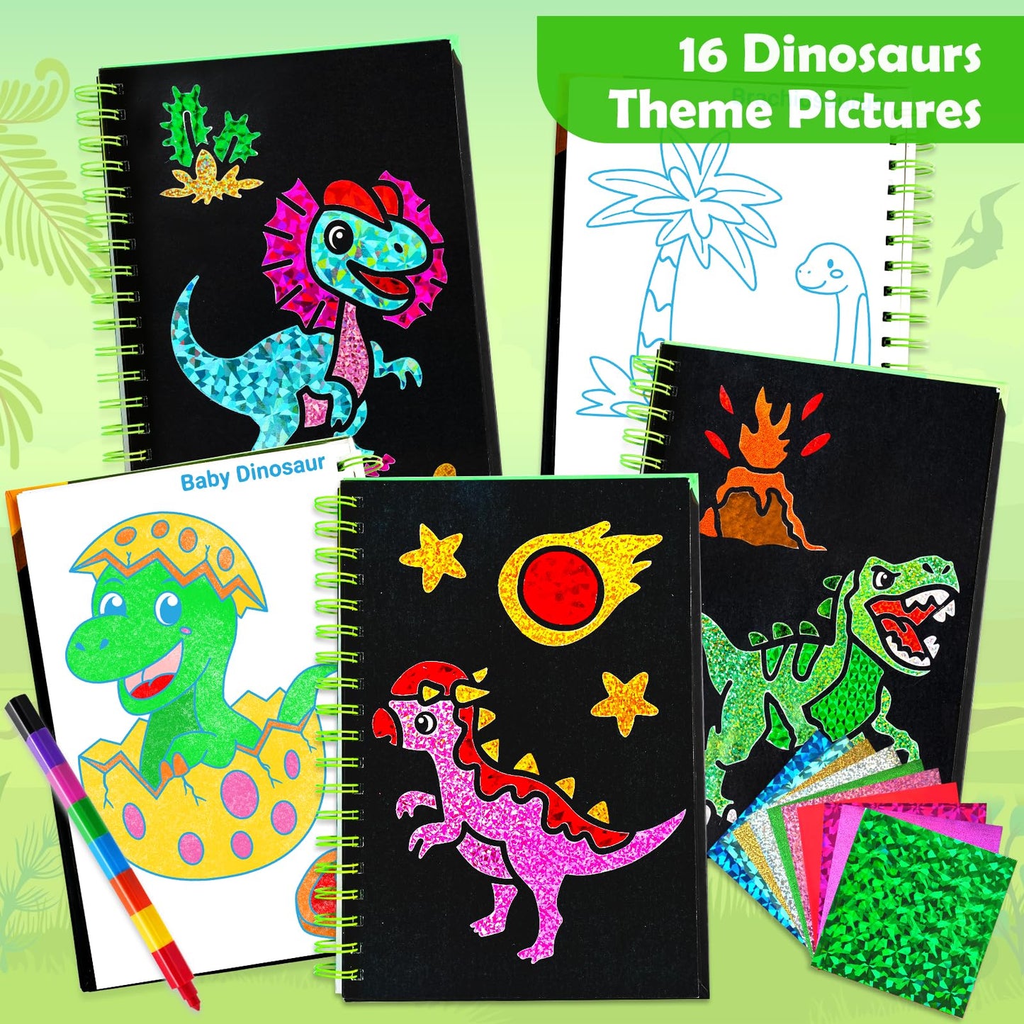 FUNNYB&G Foil Art Craft Kit for Boys 4-10 Years Old: Mess-Free & No-Glue, Create 16 Sparkly Dinosaur World Pictures – Perfect Travel Toy & Birthday Gift for Kids (Dinosaur World)