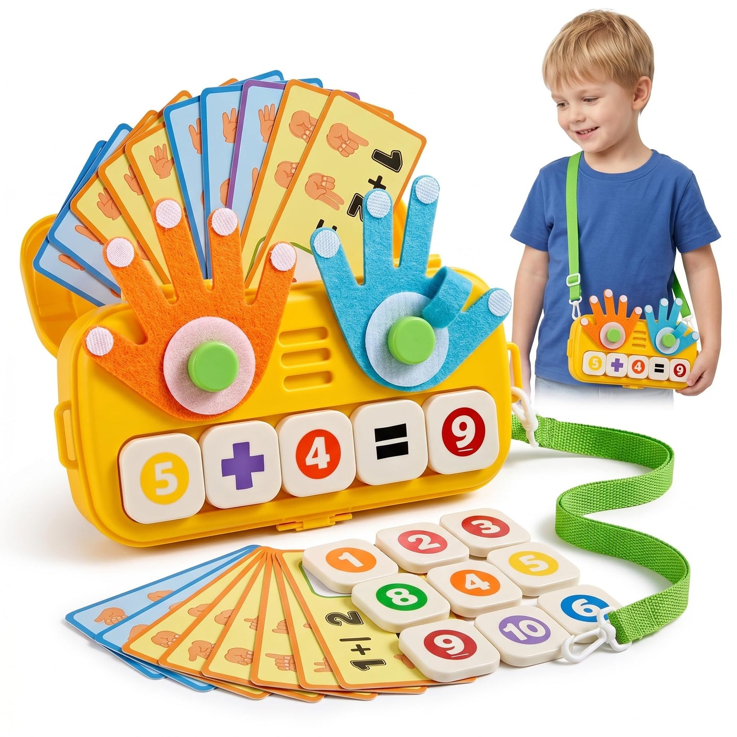 OBMESHOW Montessori Preschool Math Toys for Kids Ages 3 4 5, Counting, Addition & Subtraction Learning Game with Finger Counting Hands, Number Blocks, Flash Cards, Storage Box and Shoulder Strap