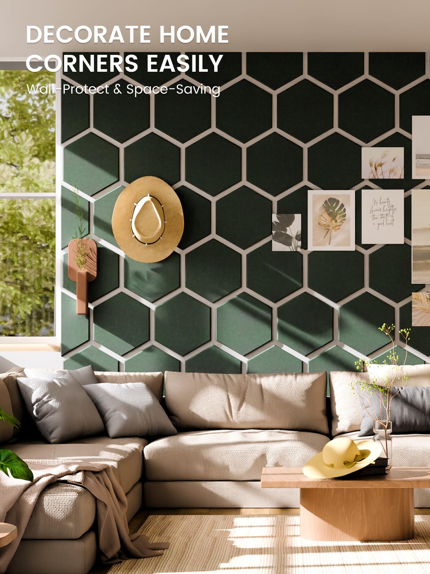Fluxynara Hexagon Cork Board Alternative for Walls Decor-12-Pack Felt Bulletin Board Tiles,with 30 Pushpins,70 Adhesive Tabs for Office,Classrooms & Home Pin Board Felt Board-Pine Green