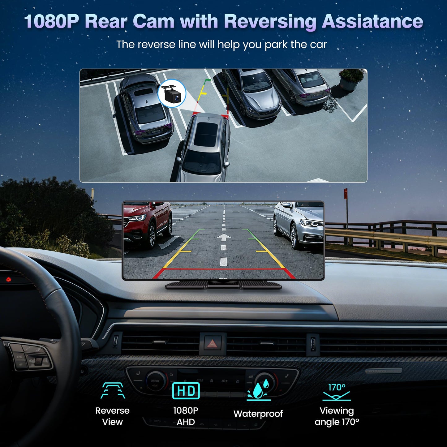 Gikktdr Carplay Screen for Car, 10.26'' Upgrade Wireless CarPlay & Android Auto Car Play Screen with 60PFS,1080P Backup Camera (with a Camera Bracket), GPS Navigation, Voice Control for All Vehicles