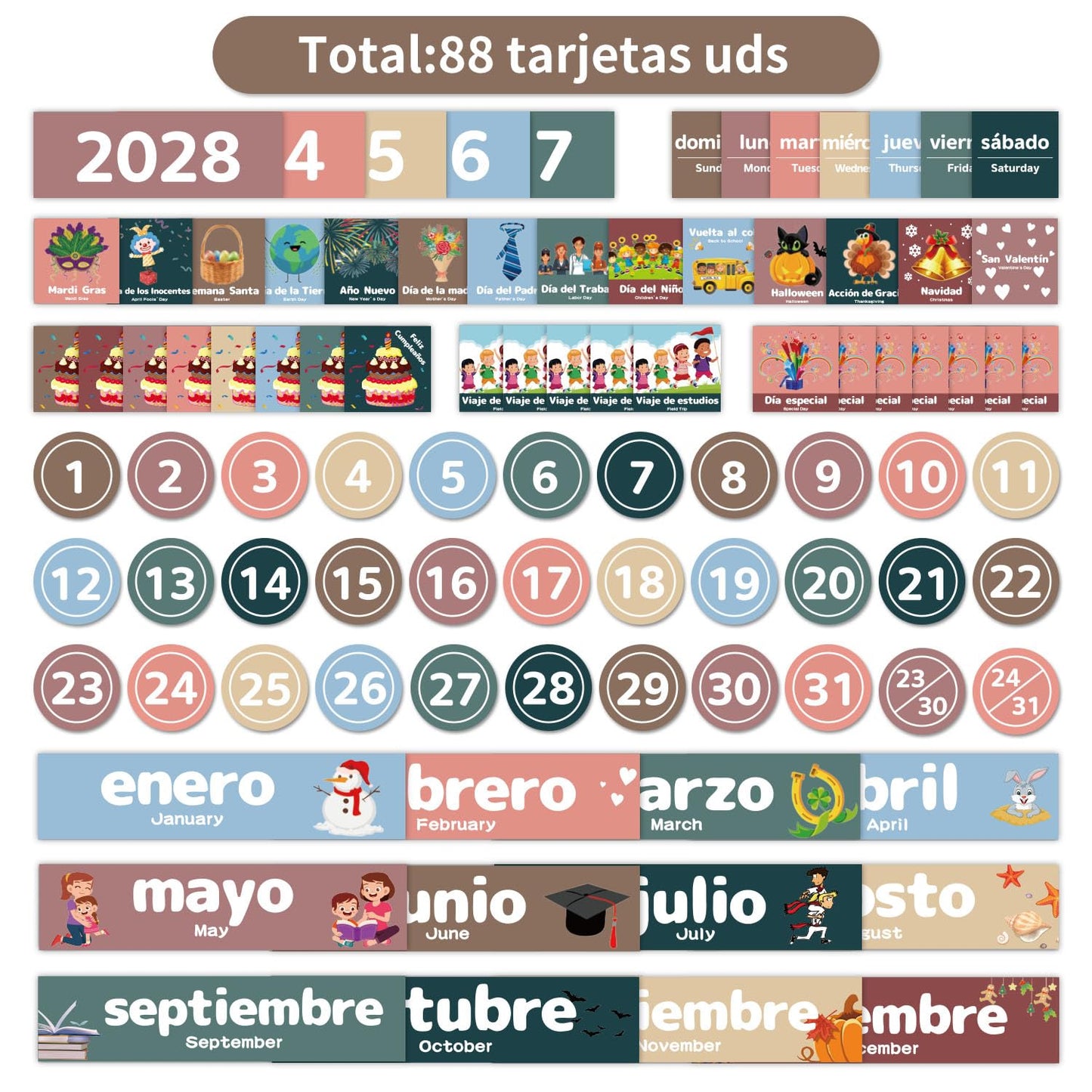 Monthly Calendar Pocket Chart for Classroom, Printed Days of The Week with Cards, Learning for Home or Kindergarten, Teacher Must Have Supplies That Fits Any School Décor (Spanish Black)