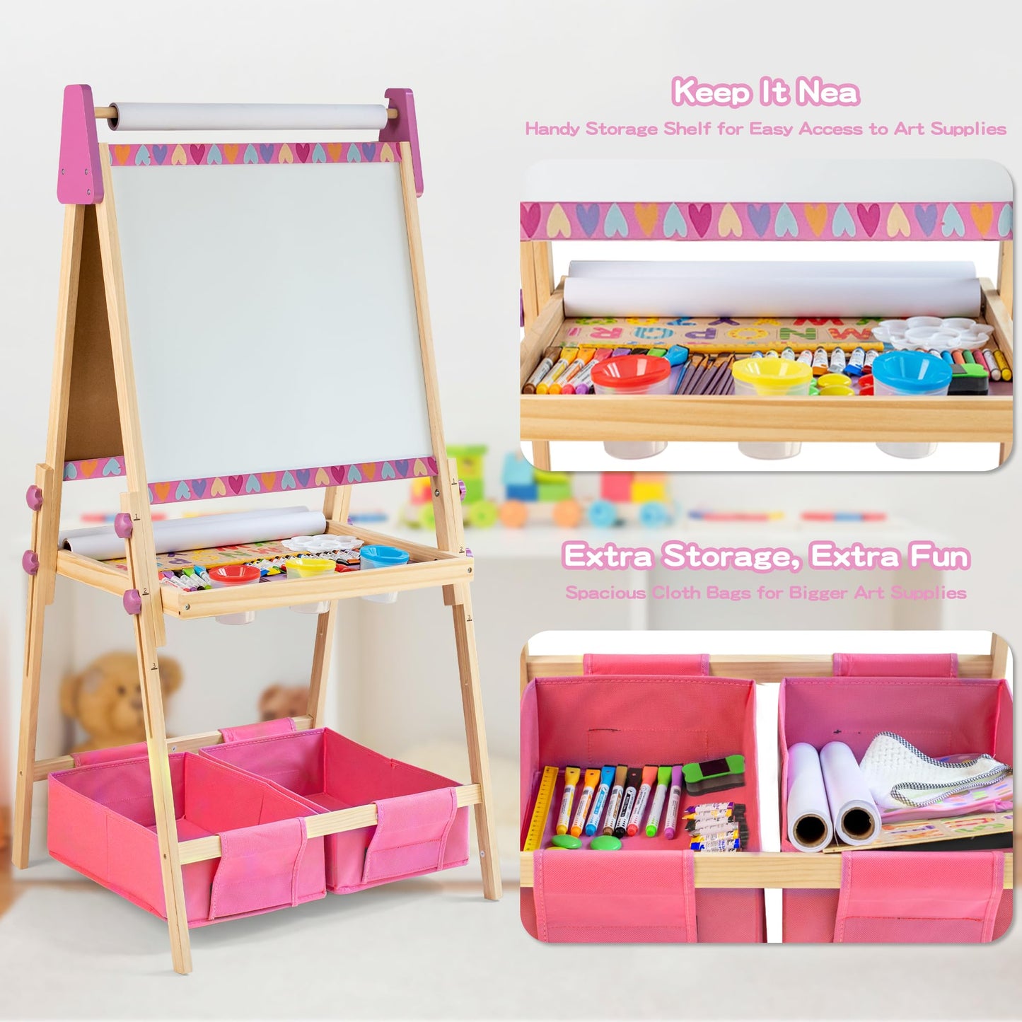 3-in-1 Adjustable Kids Art Easel with Magnetic Whiteboard, Chalkboard & 3 Paper Rolls, All-in-One Double Sided Wooden Painting Easel with Accessories for Toddlers and Kids Ages 3+