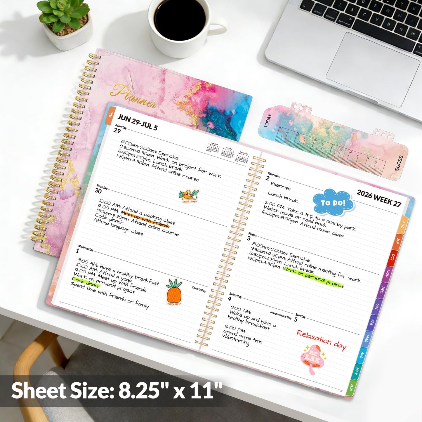 SUNEE Academic Planner 2026-2027 – Weekly & Monthly Planner, July 2026 to June 2027, 8.5"x11", Thick Paper, Tabs, Pockets, Bookmark, Spiral-Bound, Student Teacher Organizer, Marble