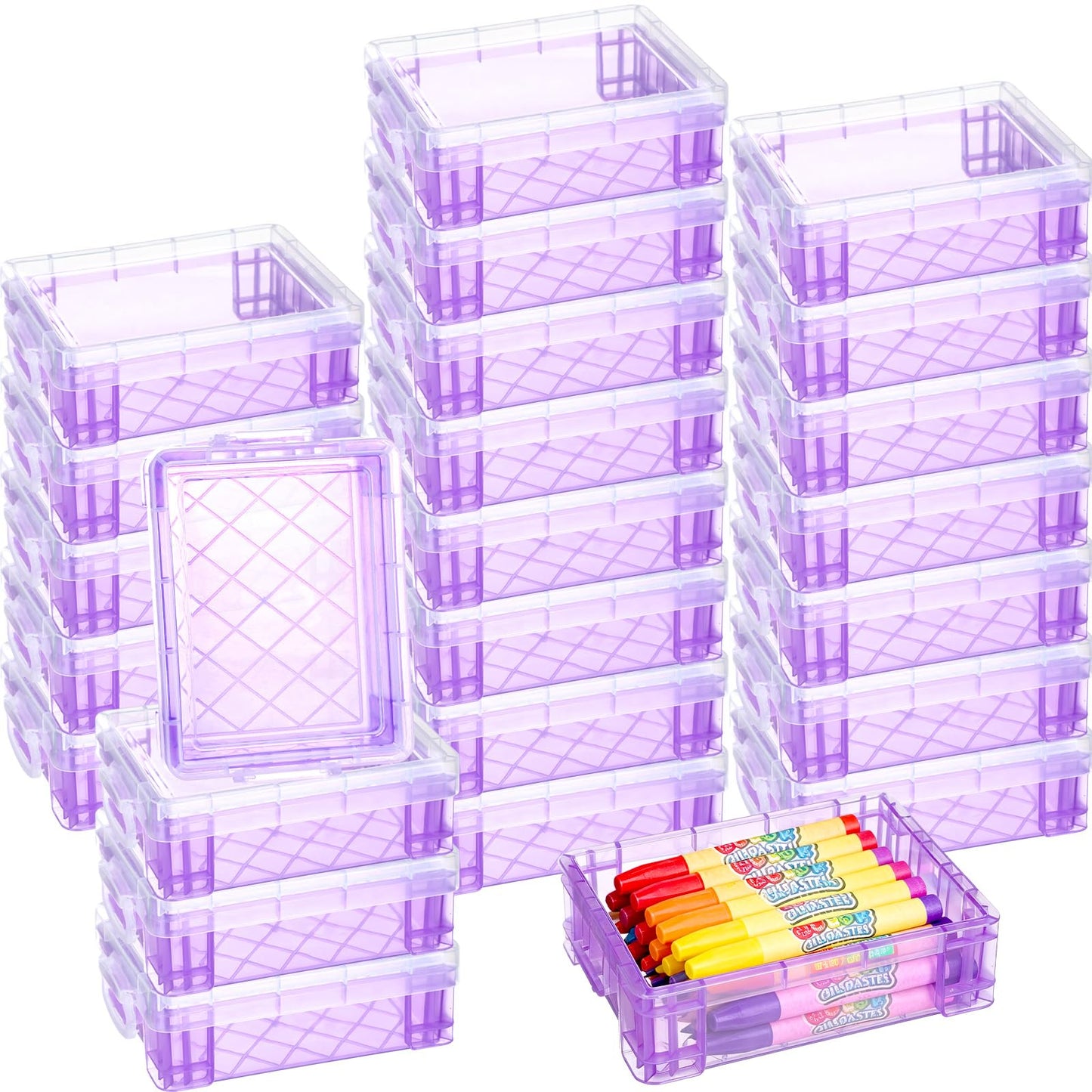 Suzile 25 Pcs Plastic Crayon Boxes with Snap Lids Crayon Storage Organizer Stackable Container Bulk Pencil Case for Pen Crafts Classroom Supplies(Purple)