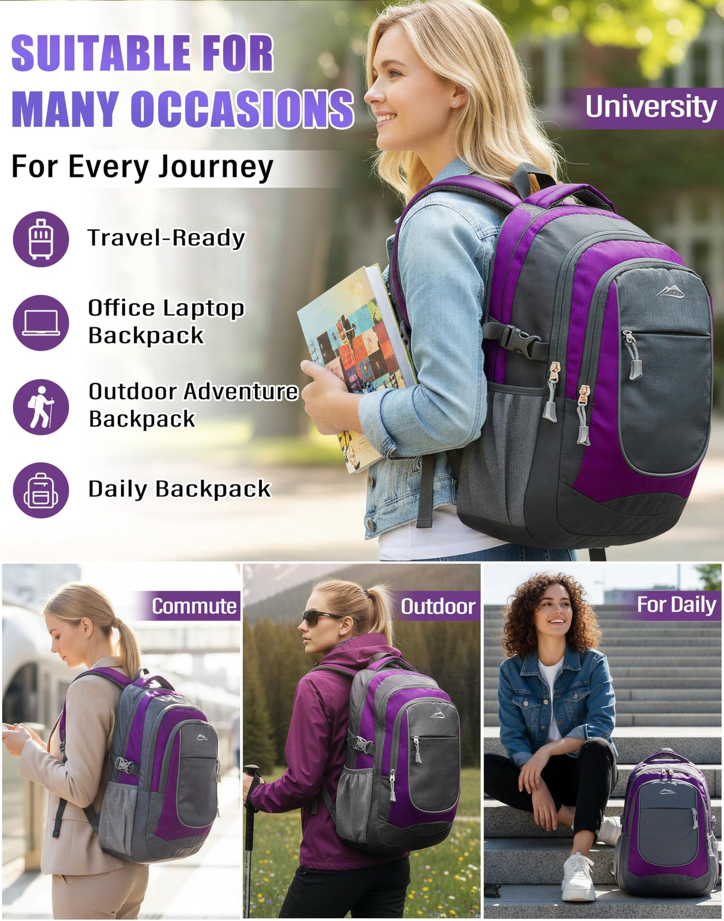 ProEtrade Backpack Bookbag for College Sturdy Travel Business Hiking Fit Laptop Up to 15.6 Inch Multi Compartment Gifts for Men Women Night Light Reflective (Purple A)