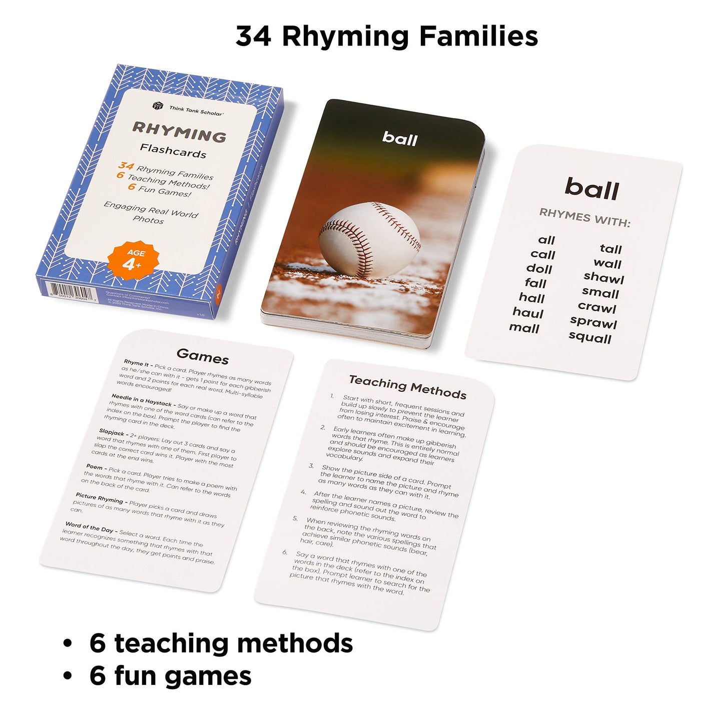 Award-Winning Rhyming Words Flash Cards for Kids Ages 4-8 – Master Phonics, Spelling & Word Families – 36 Durable Cards for Kindergarten, 1st, 2nd & 3rd Grade