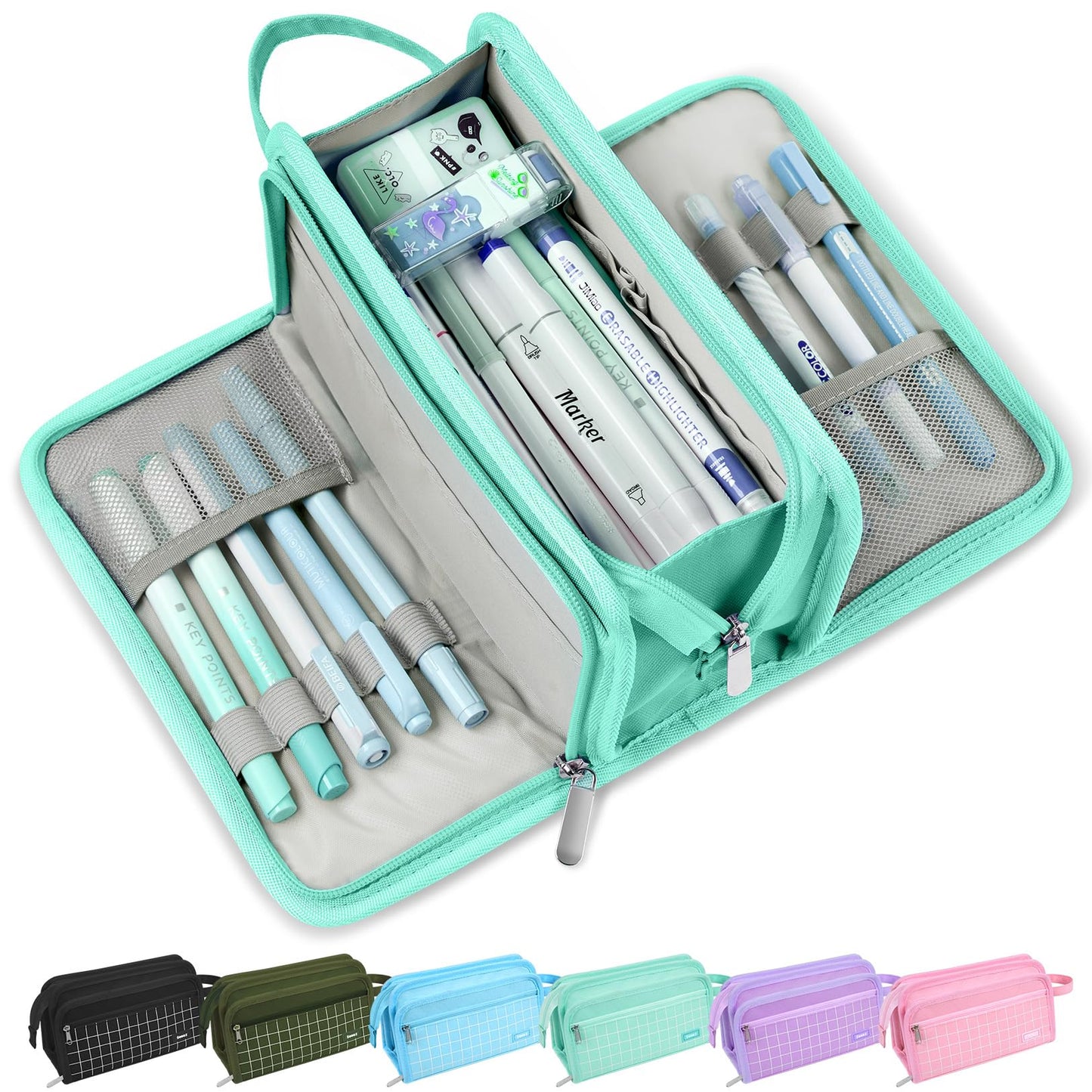 Sooez Large Pencil Case, Big Capacity Pencil Pouch Pen Bag with 3 Compartment, Portable Canvas Stationery Organizer with Zipper, Cute Aesthetic School Supplies for Teen Girls, Celadon with Plaid