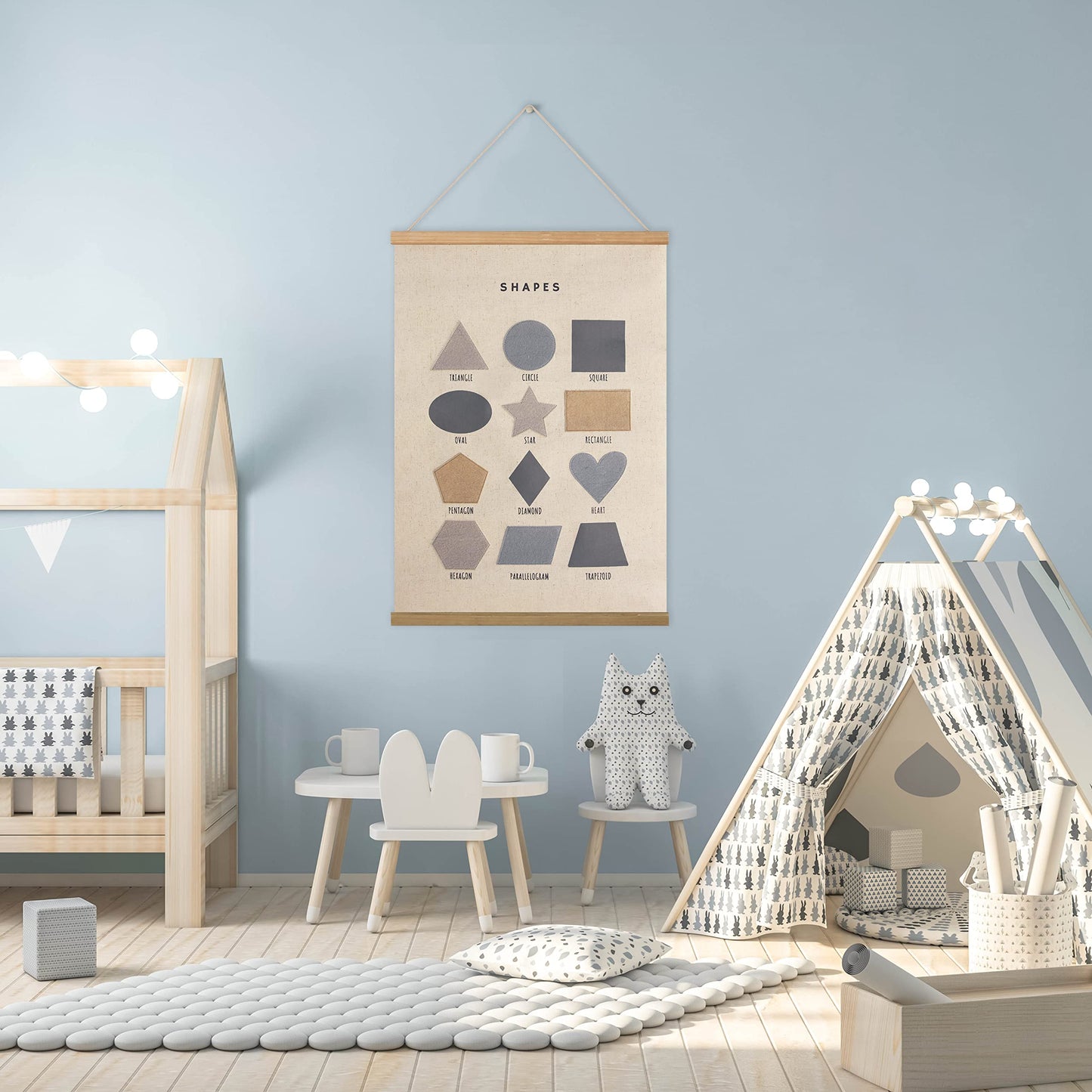Bon et Beau 16×24 Inch Embroidered Shape Poster Framed with Wood Hanger - Neutral Gray Wall Decor for Boys Nursery, Bedroom, Playroom, Toddler and Kids Room
