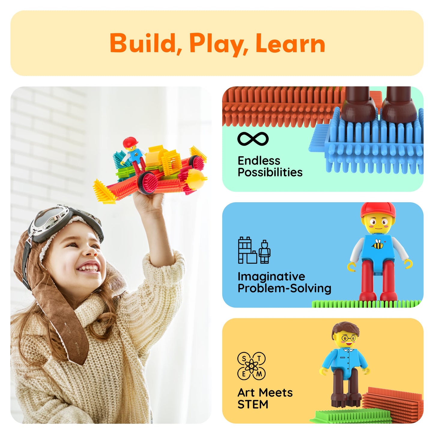 Picasso Toys Hedgehog Blocks 4 Family Action Character Figures Toddler Toy Construction Building Tile Block Expansion Pack Educational Add-on STEM Learning Smart Game Kit Toys Pretend Playset Age 3+
