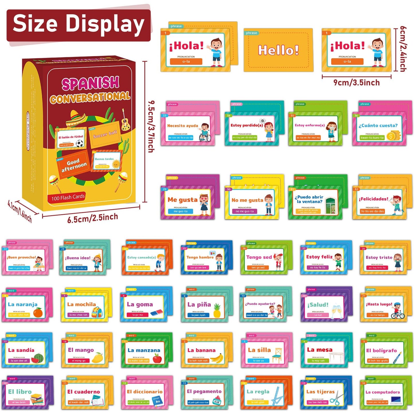 100 Spanish Conversational Phrase Flash Cards with Prounciation Educational Bilingual Language Learning Guide Spanish Phrases Beginner Saying for Travel Memory School Classroom Quick Reference