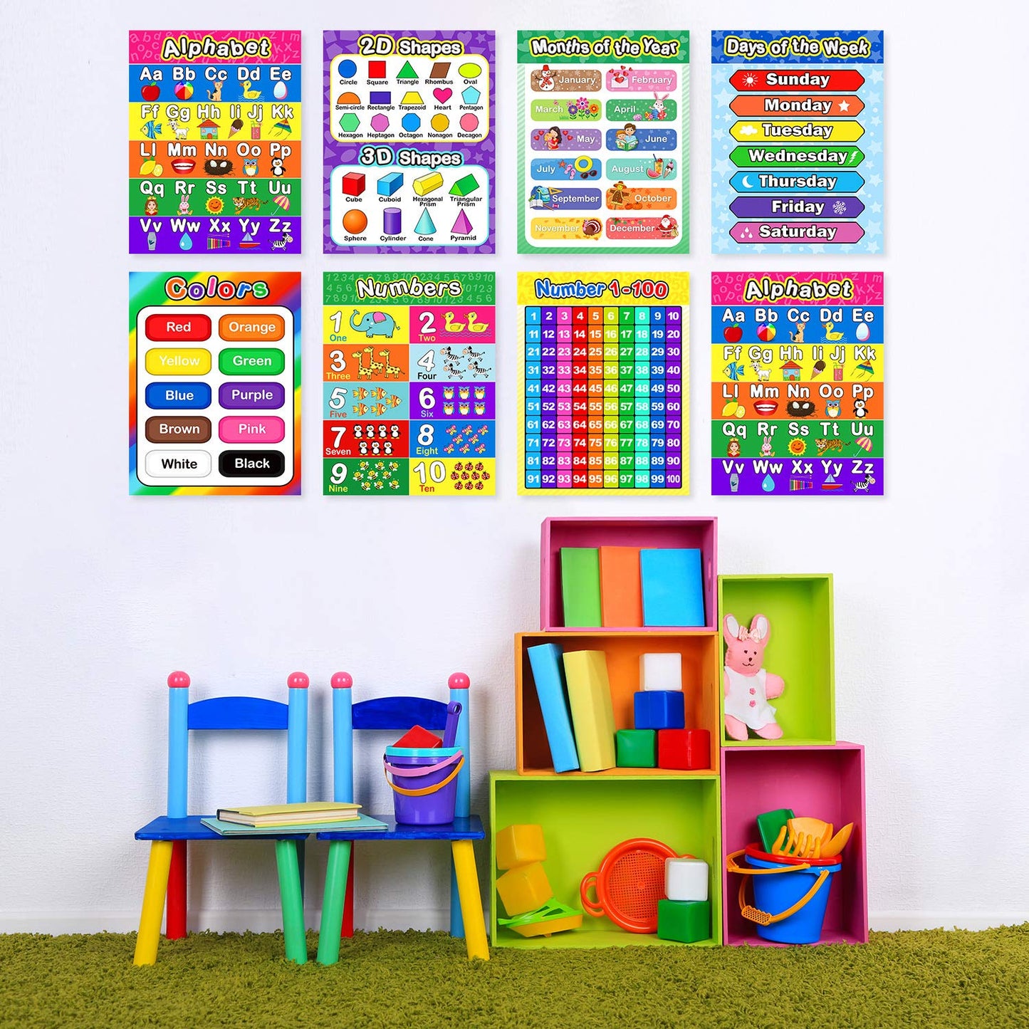 Outus Extra Large Preschool Educational Learning Posters 17 x 22 Inch Nursery Home School Pre-K Kindergarten Classroom Decoration(4 Pcs,Alphabet, Number 1-10, Shapes, Colors)