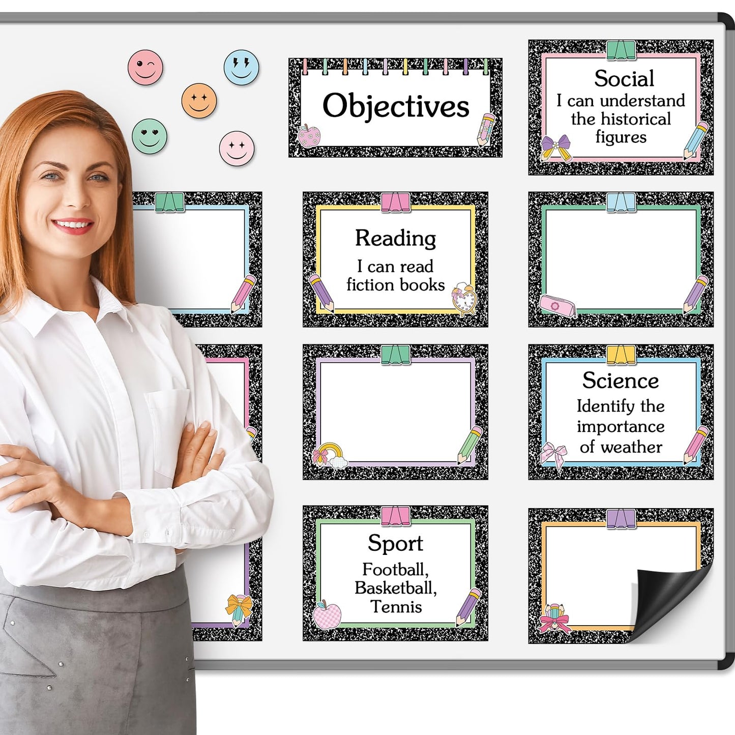 Trandraft 16 Pcs Magnetic Write Wipe Organization Chart Classroom Dry Erase Labels Learning Objectives Board for Whiteboard Goals Targets Classroom Teaching Supplies (Retro)