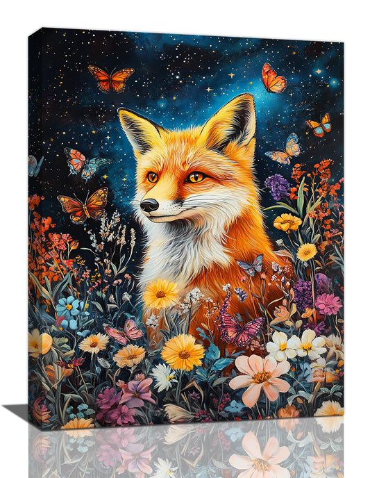 Lureix Fox Wall Art, Floral Butterfly Pictures Wall Decor Cottagecore Canvas Prints Framed Poster Artwork Paintings Home Office Decorations For Bathroom Bedroom Living Room Kitchen 12l X 16w